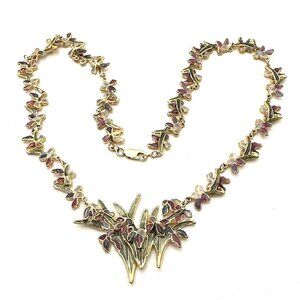 Rare Vintage 14K Yellow Gold Plique a  Jour Necklace Flower Design 22 Grams